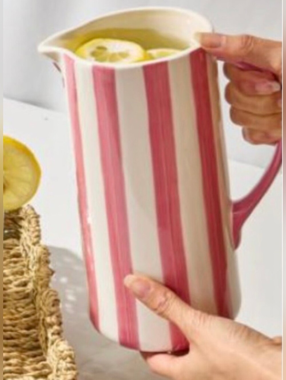 Noon & Moon Pink & White Striped Ceramic Pitcher New In Box Retail $98 - Picture 4 of 12